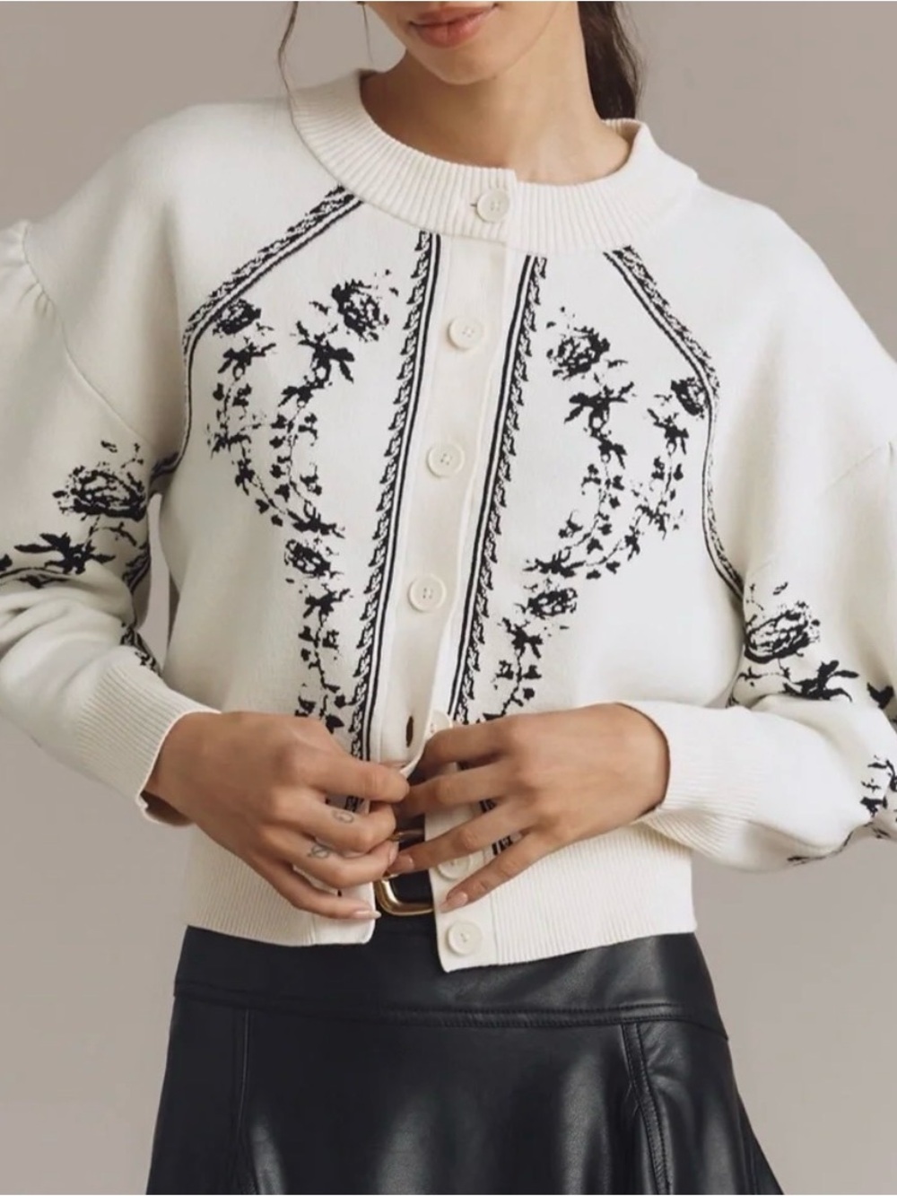 Anthropologie | Sculpted Puff Sleeve Cardigan with Black Floral Motif | Sz S